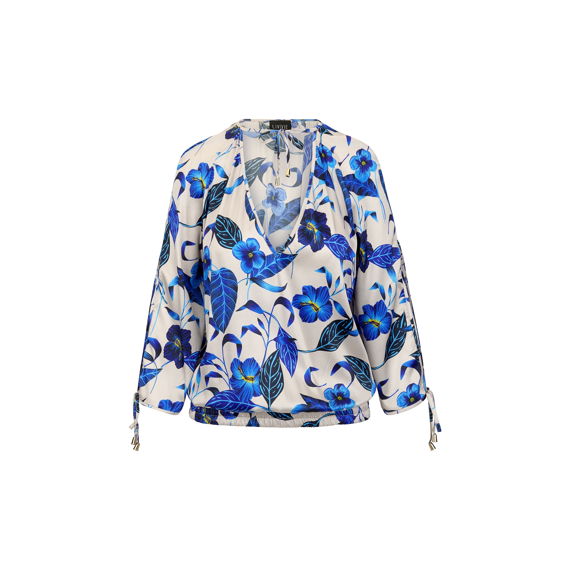 SILK BLOUSE SPLIT SLEEVE V-NECK COBALT FLORAL PRINT SILK BLOUSE SPLIT SLEEVE V-NECK COBALT FLORAL PRINT